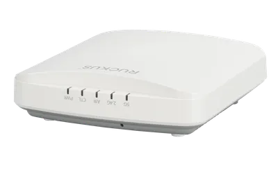 RUCKUS R350e WiFi 6 indoor wireless access point with white square design, status LEDs, and 1GbE port for high-efficiency