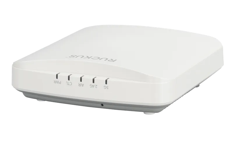 RUCKUS R350e WiFi 6 indoor wireless access point with white square design, status LEDs, and 1GbE port for high-efficiency