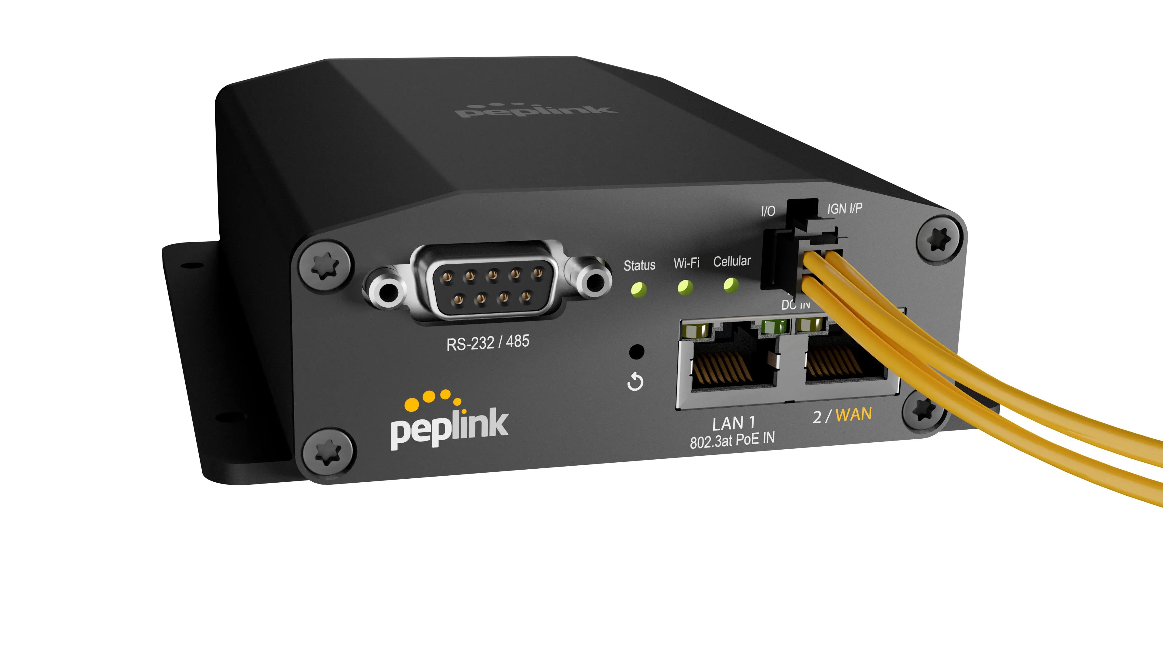 Peplink MAX BR1 Mini M2M Router Rückansicht mit Montagehalterung, RS-232-Port, LED-Statusanzeigen, Reset-Taste, PoE-LAN- Peplink MAX BR1 Mini M2M Router Rückansicht mit Montagehalterung, RS-232-Port, LED-Statusanzeigen, Reset-Taste, PoE-LAN-