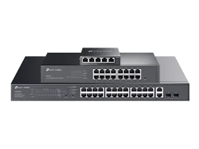 Commutateur TP-Link MS108GP 8 ports Gigabit avec PoE+ empilé en trois tailles croissantes montrant ports Ethernet et Commutateur TP-Link MS108GP 8 ports Gigabit avec PoE+ empilé en trois tailles croissantes montrant ports Ethernet et