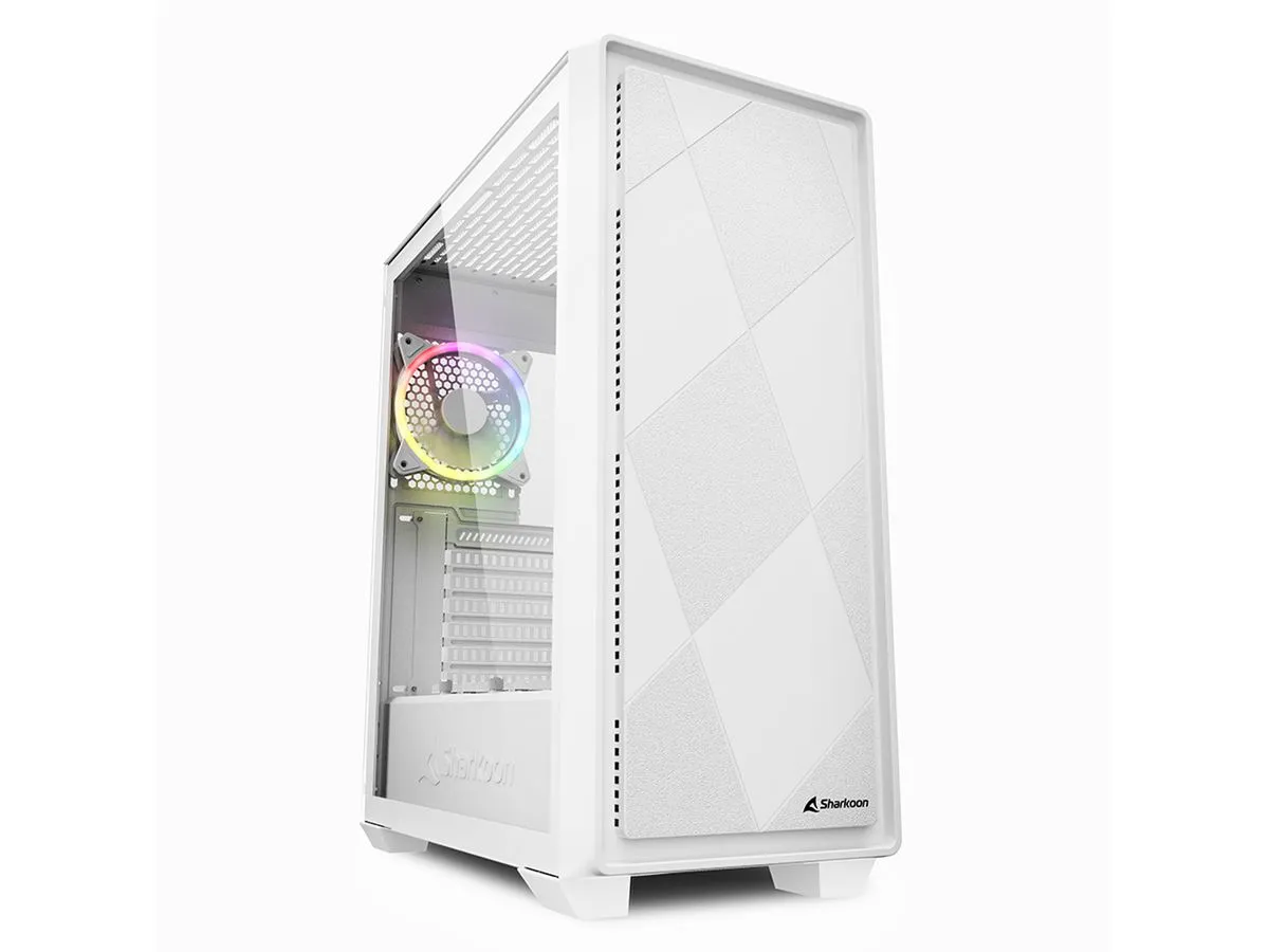 Белое компьютерное шасси Sharkoon VS8 с RGB-подсветкой, боковой стеклянной панелью и текстурированной передней крышкой с