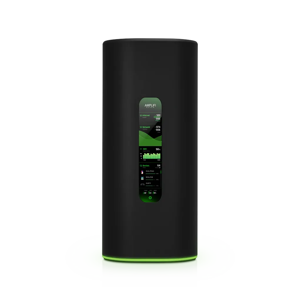 Router Ubiquiti AmpliFi Alien WiFi6 con schermo digitale verticale che mostra statistiche di rete e dispositivi connessi in Router Ubiquiti AmpliFi Alien WiFi6 con schermo digitale verticale che mostra statistiche di rete e dispositivi connessi in