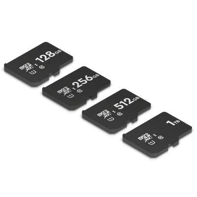 Scheda microSD Ubiquiti MSD-128GB con quattro capacità di archiviazione 128GB, 256GB, 512GB e 1TB su sfondo nero.