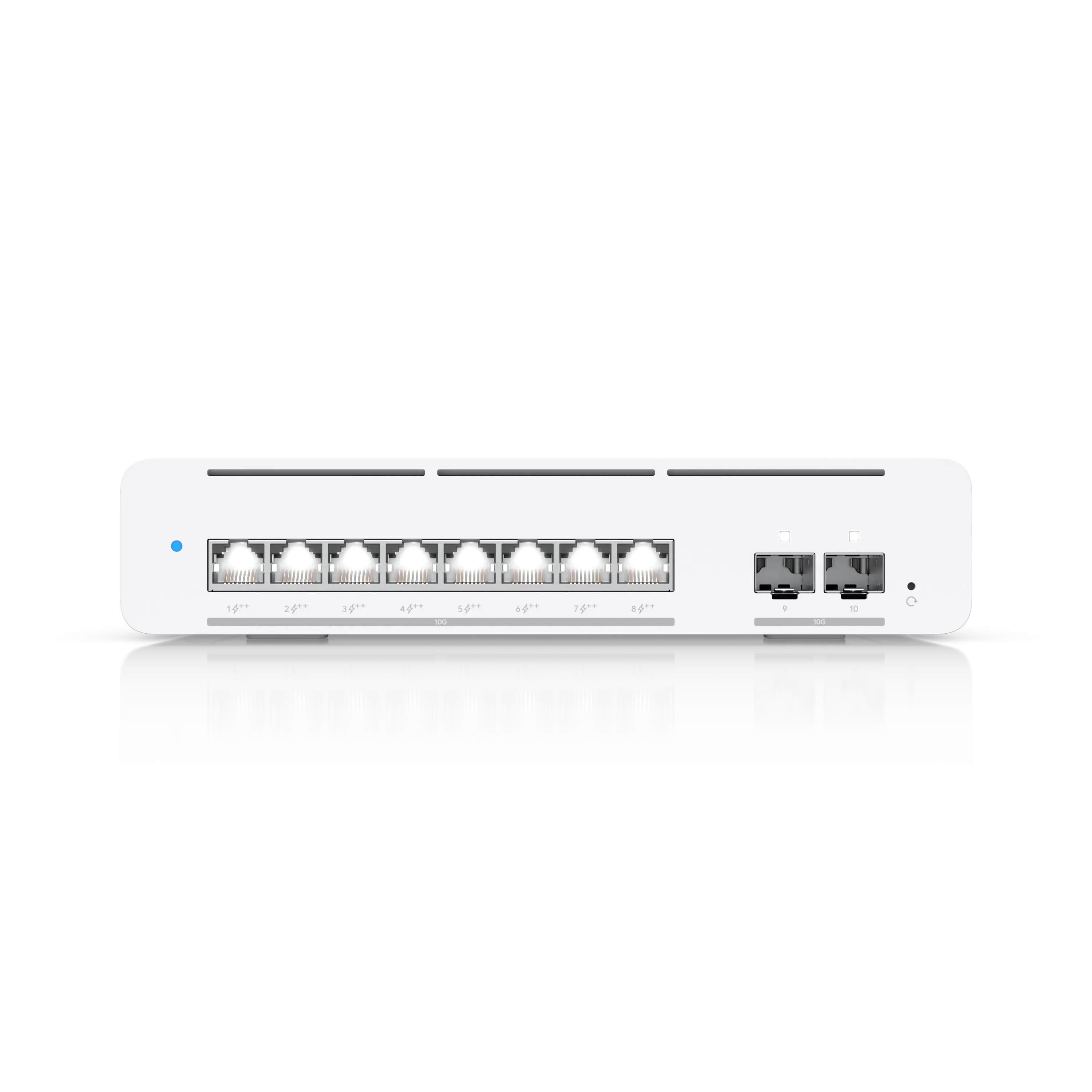 Ubiquiti UniFi Switch USW-Pro-XG-8-PoE 155W mit acht RJ45- und zwei SFP+-Ports auf schwarzem Hintergrund mit blauer
