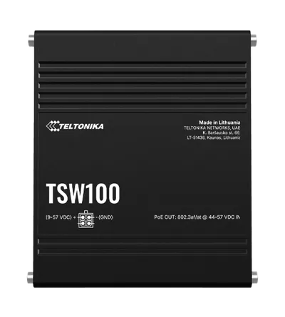 Switch industrial Teltonika TSW100 de 5 puertos Gigabit PoE sin fuente de alimentación en carcasa metálica negra con logo y Switch industrial Teltonika TSW100 de 5 puertos Gigabit PoE sin fuente de alimentación en carcasa metálica negra con logo y
