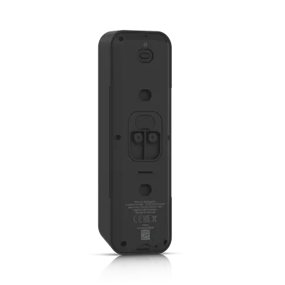 UniFi G4 Türklingel Pro Rückansicht mit Montageplatte, Schraublöchern, QR-Code und Zulassungstext auf schwarzem Hintergrund.
