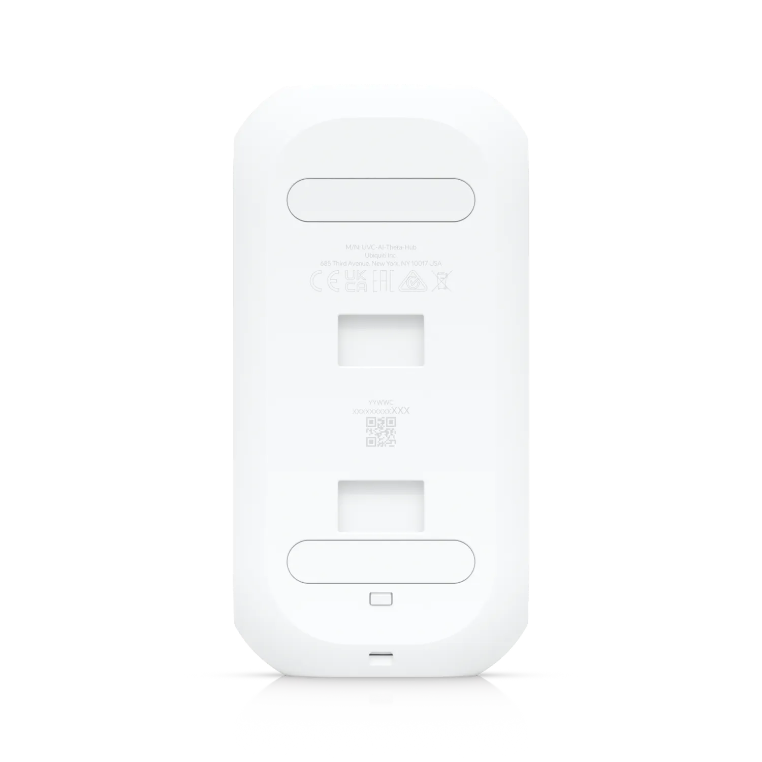Ubiquiti AI Theta Pro Rückseite mit Regulierungslabel, QR-Code und Montageschlitzen für Wandinstallation.