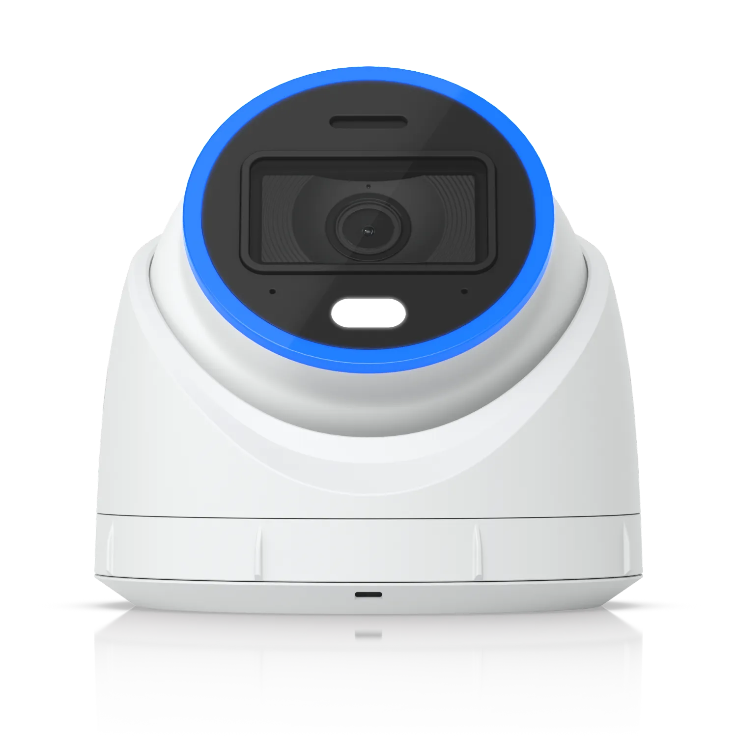 Weiße Ubiquiti UVC-AI-Turret Überwachungskamera mit schwarzem Objektiv, blauer LED und Montageschlitzen auf weißem Weiße Ubiquiti UVC-AI-Turret Überwachungskamera mit schwarzem Objektiv, blauer LED und Montageschlitzen auf weißem