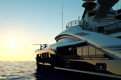 Weiße Poynting A-OMNI-0914-V1-01 5G/LTE-Marineantenne auf Luxusyacht mit blauem Rumpf bei Sonnenuntergang auf dem Meer.