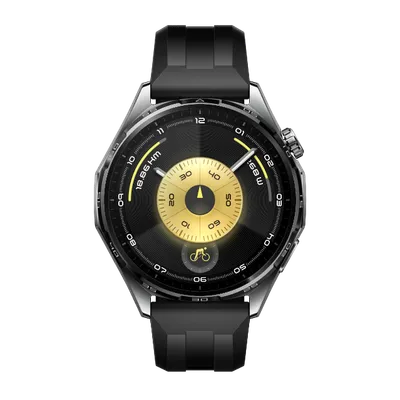 Huawei WATCH GT6 41mm in Purple Fluoroelastomer strap with black circular face and gold watch dial on black background