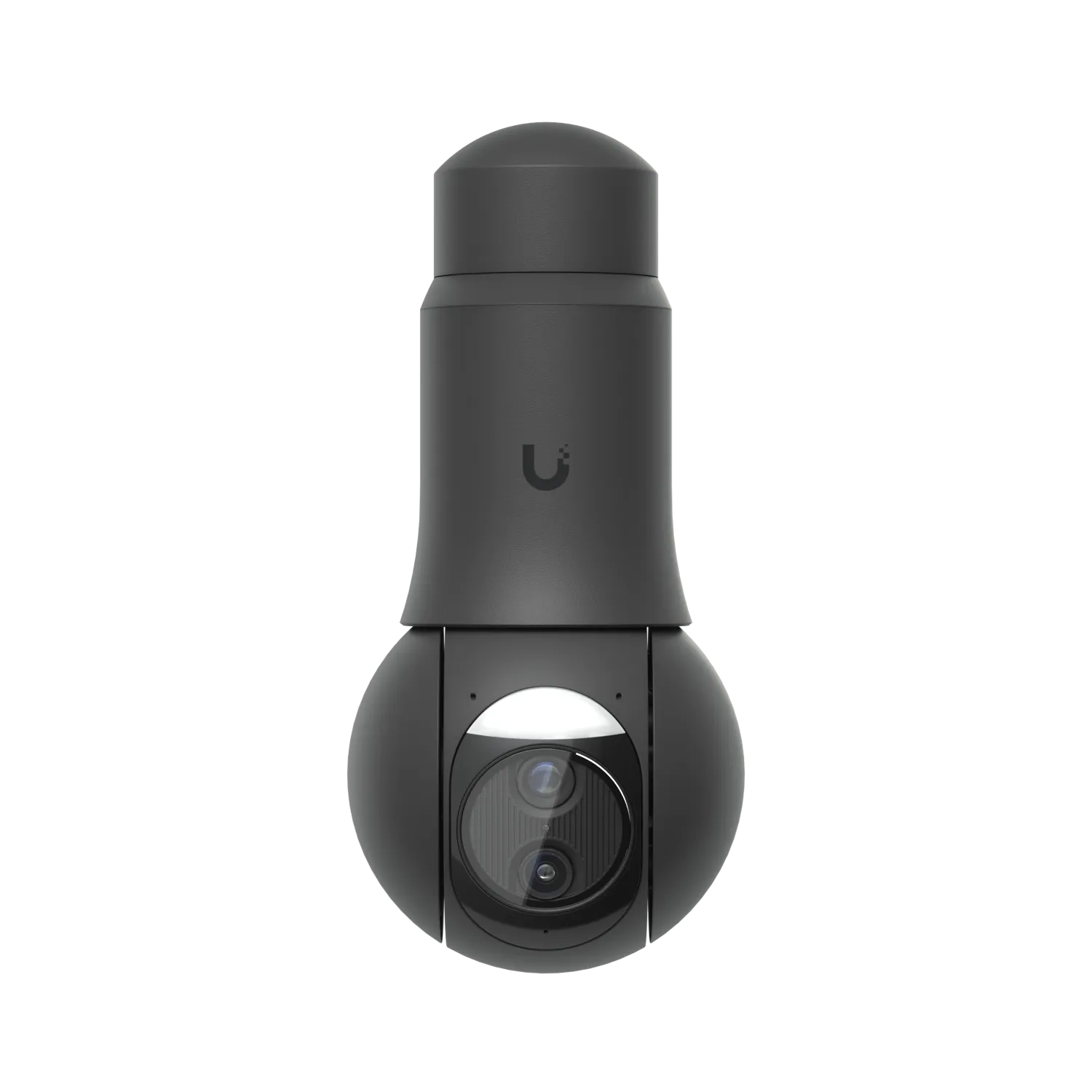 Ubiquiti UVC-G6-PTZ weiße PTZ-Kamera mit zylindrischem Gehäuse, zwei Objektiven und Logo in Frontansicht für Ubiquiti UVC-G6-PTZ weiße PTZ-Kamera mit zylindrischem Gehäuse, zwei Objektiven und Logo in Frontansicht für