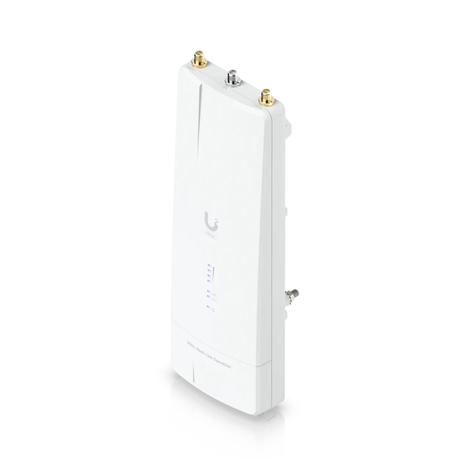 Ubiquiti Wave MLO5 Funkgerät mit 5 GHz, 5+ Gbps, 10 GbE und SFP+ Anschluss in weißer Ausführung mit blauer LED und goldenen