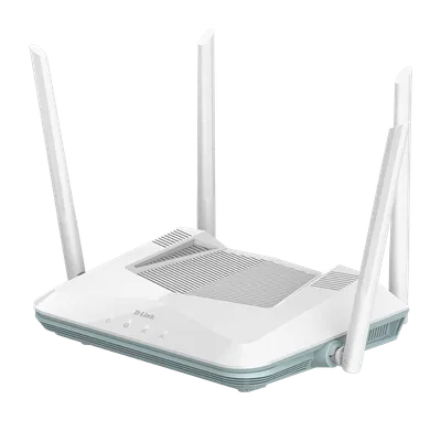 D-Link R32/E EAGLE PRO AI AX3200 умный роутер с четырьмя антеннами на белом корпусе с ребристой поверхностью и индикаторами