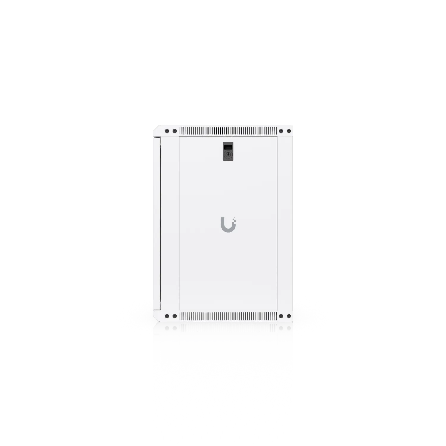 Ubiquiti UACC-Rack-12U-Wall-450-P 12U wall-mount network rack with locking front door and logo against black background.
