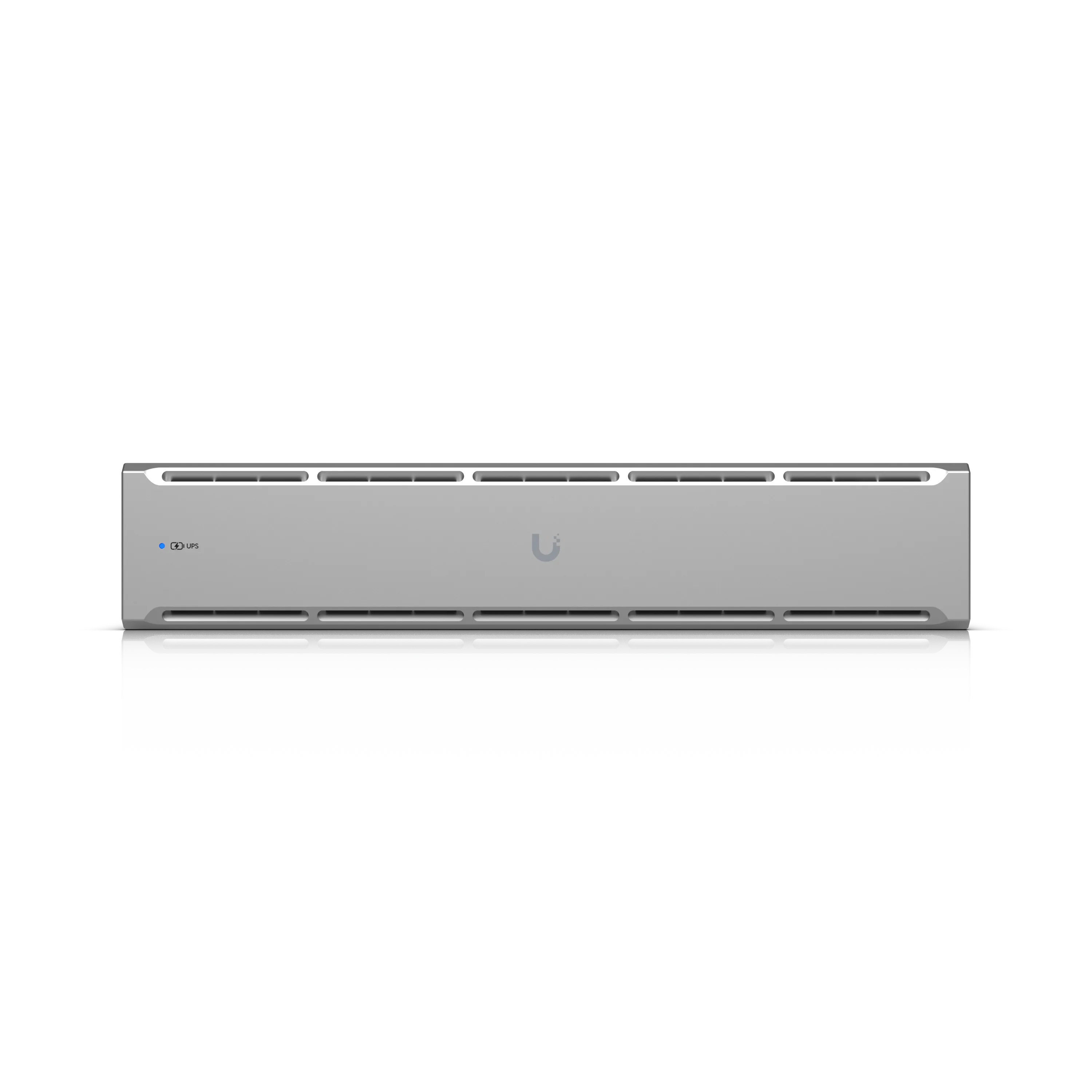 Ubiquiti Unifi UPS 19 Zoll 2U 1,5kVA silbernes Rack-UPS mit Belüftungsgittern, blauer LED und Logo in Frontansicht für
