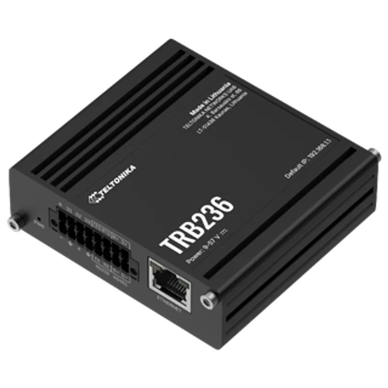 Industrielles IoT-Gateway TRB236 mit LTE CAT.4/3G Dual-SIM in schwarzem Gehäuse mit Ethernet-Anschluss und Anschlussklemmen