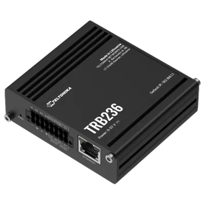 Industrielles IoT-Gateway TRB236 mit LTE CAT.4/3G Dual-SIM in schwarzem Gehäuse mit Ethernet-Anschluss und Anschlussklemmen Industrielles IoT-Gateway TRB236 mit LTE CAT.4/3G Dual-SIM in schwarzem Gehäuse mit Ethernet-Anschluss und Anschlussklemmen