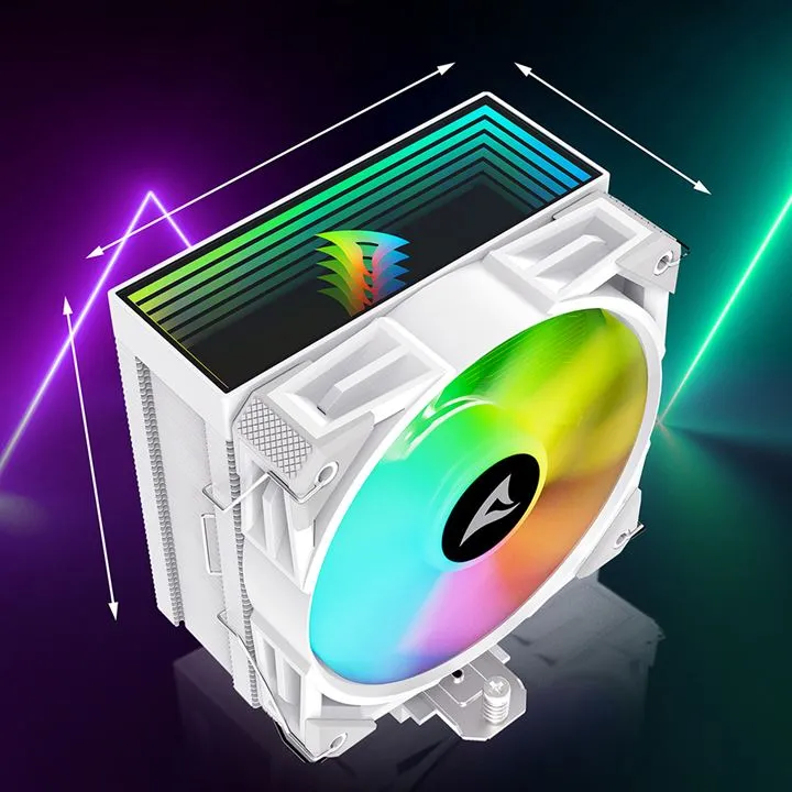 Sharkoon CPU-Kühler A50 weiß mit 120mm RGB-Lüfter und Aluminium-Lamellen in schräger Ansicht vor dunklem Neon-Hintergrund Sharkoon CPU-Kühler A50 weiß mit 120mm RGB-Lüfter und Aluminium-Lamellen in schräger Ansicht vor dunklem Neon-Hintergrund