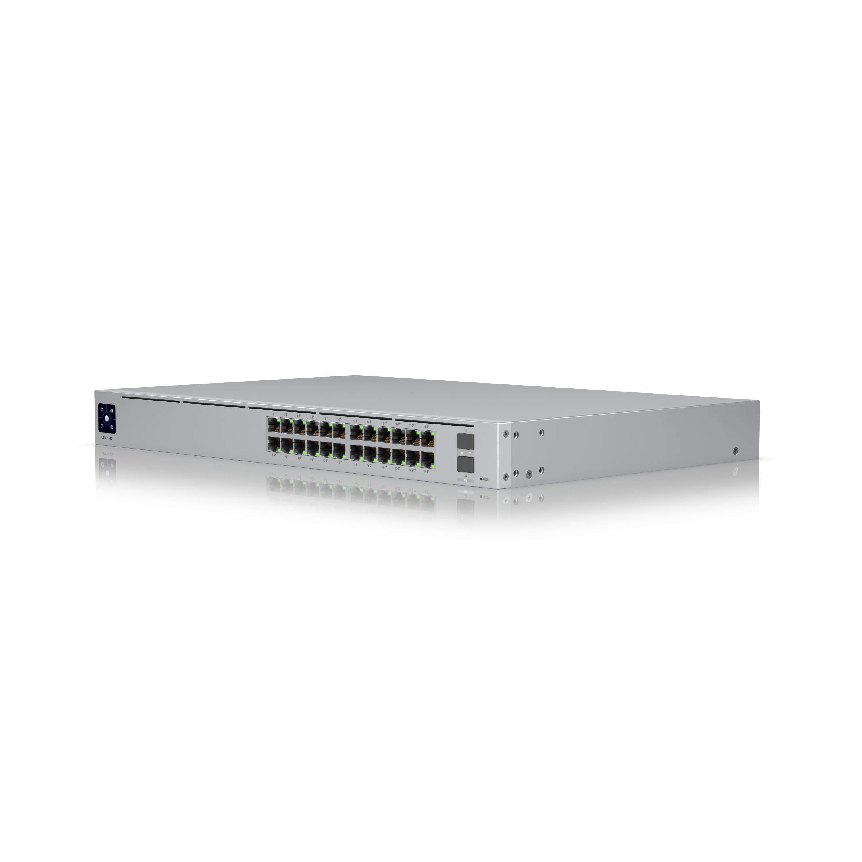 Ubiquiti UniFi Switch USW-Pro-24-POE Gen2 mit 24 PoE-Ports und 2 SFP+-Slots in silbernem Metallgehäuse auf weißem