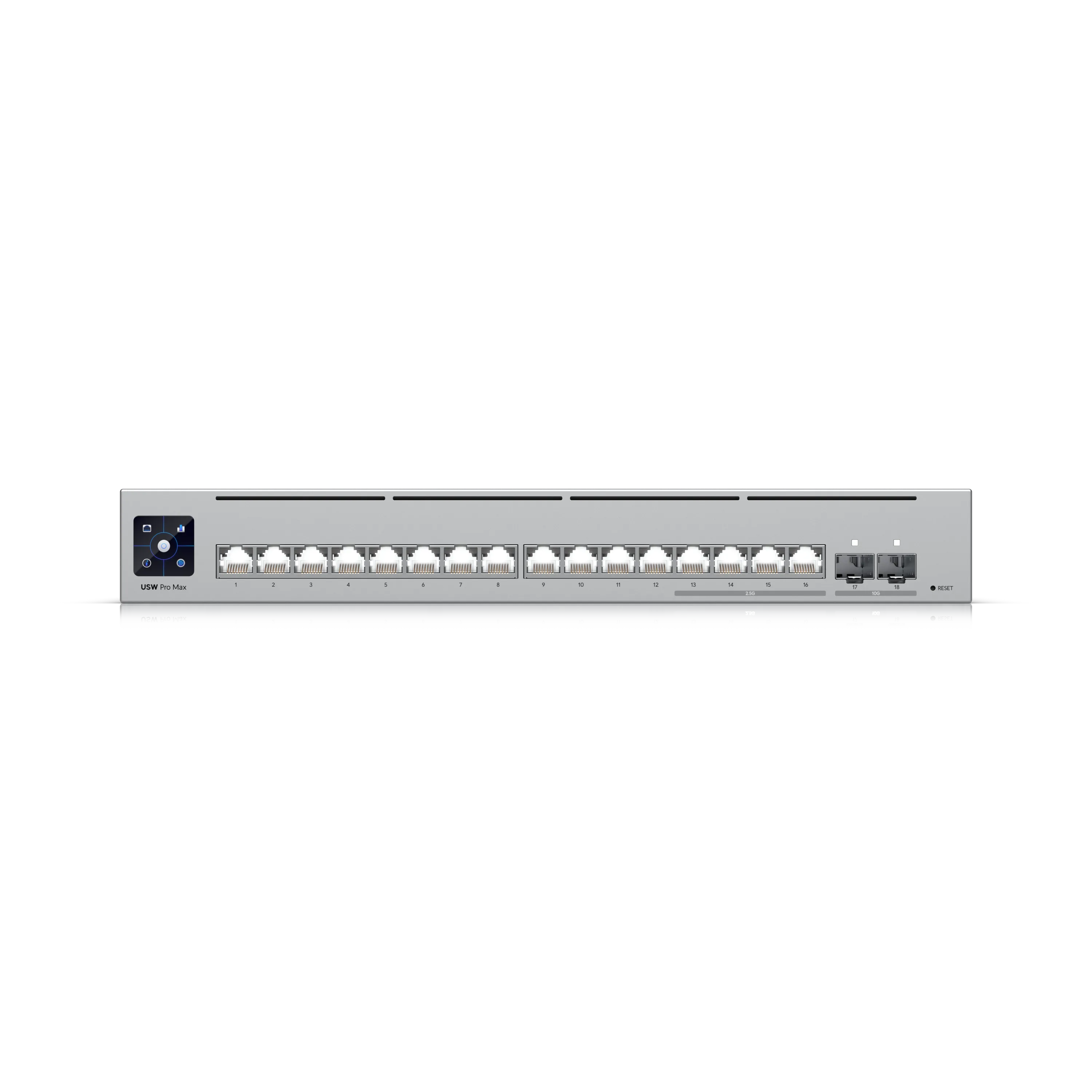 Ubiquiti UniFi Switch USW-Pro-Max-16-POE 180W PoE++ mit 16 RJ45-Ports, 2 SFP+-Anschlüssen und Display für Rack-Montage im