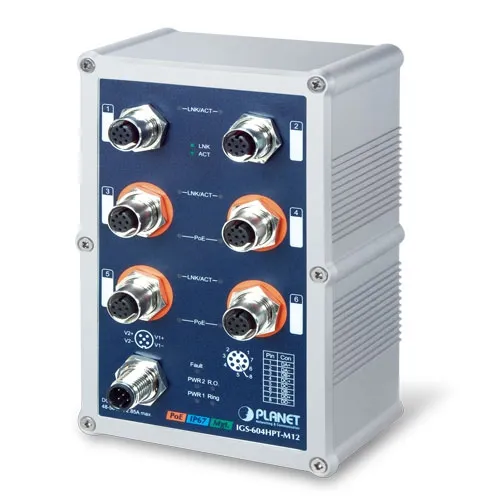 Switch industriale PLANET 8 porte 10/100TX compatto con connettori M12, LED di stato e alimentazione DC in vista frontale Switch industriale PLANET 8 porte 10/100TX compatto con connettori M12, LED di stato e alimentazione DC in vista frontale