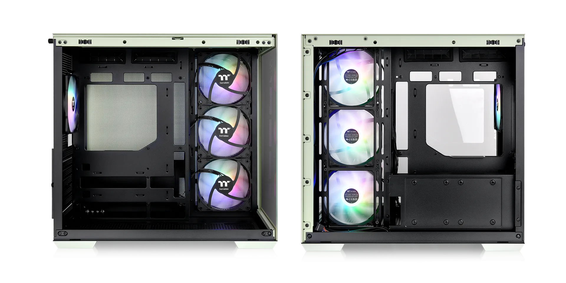 Boîtier PC Geh Thermaltake View 380 TG ARGB vert matcha, vues internes du châssis sans panneaux latéraux avec 3 Boîtier PC Geh Thermaltake View 380 TG ARGB vert matcha, vues internes du châssis sans panneaux latéraux avec 3