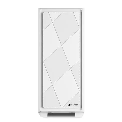 Белый корпус Sharkoon VS8 RGB ATX с гранёным стеклянным фасадом и вентиляционными отверстиями на белой подставке.