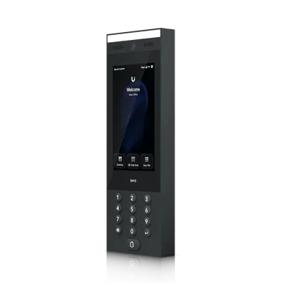 Ubiquiti Access G3 Interkom mit schwarzem Touchscreen, Willkommensanzeige und Nummernfeld für Türzugang. Ubiquiti Access G3 Interkom mit schwarzem Touchscreen, Willkommensanzeige und Nummernfeld für Türzugang.