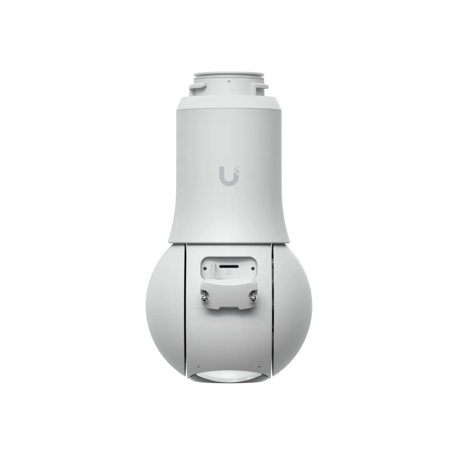 Ubiquiti UVC-G6-PTZ weiße PTZ-Kamera Rückansicht mit grauer U-Logo-Oberseite und kugelförmigem Unterteil inklusive Ubiquiti UVC-G6-PTZ weiße PTZ-Kamera Rückansicht mit grauer U-Logo-Oberseite und kugelförmigem Unterteil inklusive