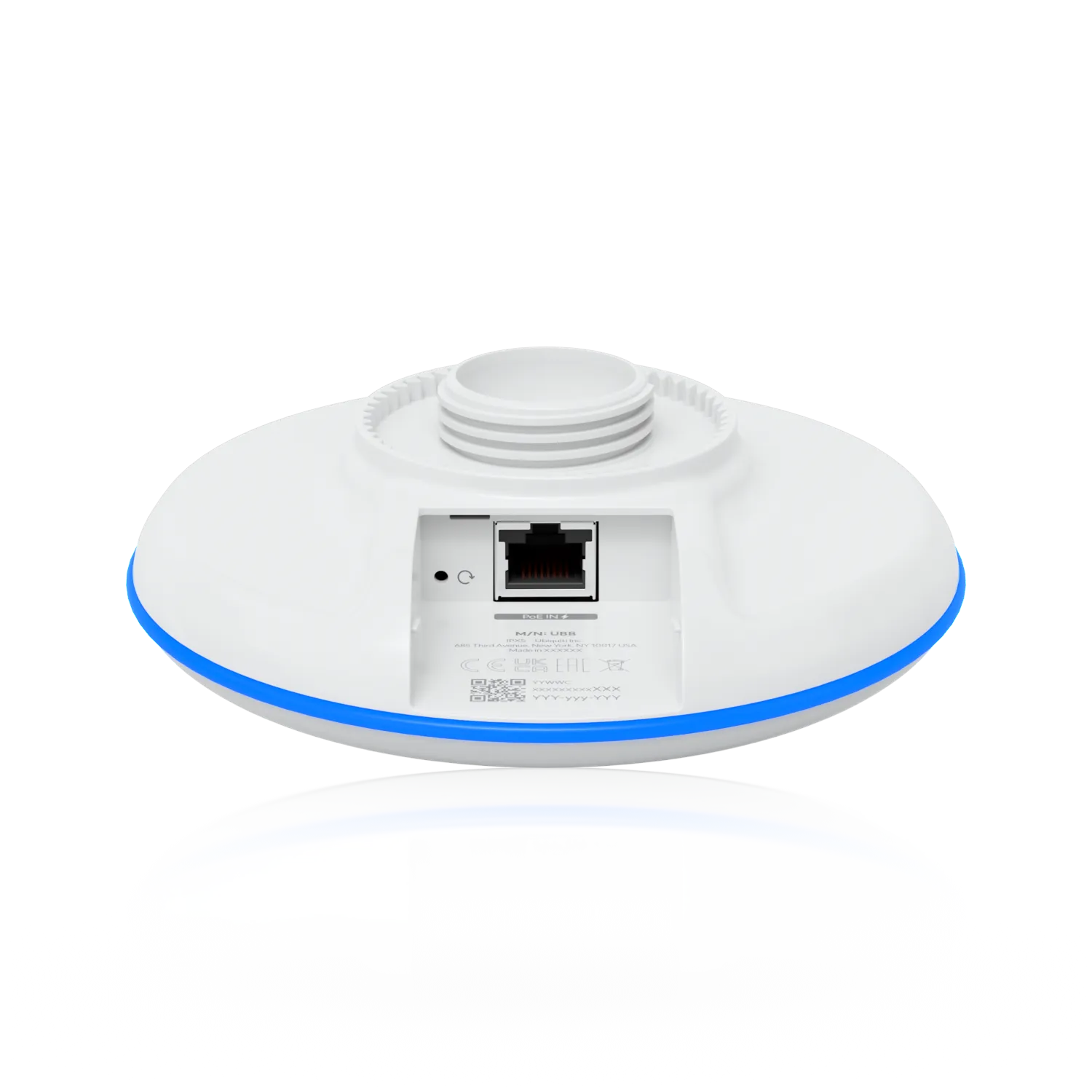 Ubiquiti UniFi UBB PtP Bridge Kit Rückansicht mit RJ45-Port und Reset-Taste auf schwarzem Hintergrund mit Reflexion. Ubiquiti UniFi UBB PtP Bridge Kit Rückansicht mit RJ45-Port und Reset-Taste auf schwarzem Hintergrund mit Reflexion.