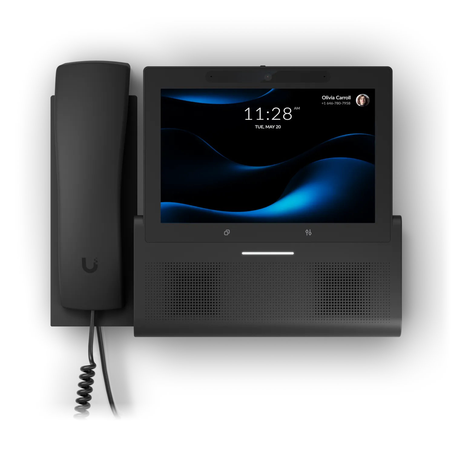 Ubiquiti UniFi Talk Phone G3 Touch Wall mit Touchscreen, angedocktem Hörer und 11:28 Uhr-Anzeige an der Wand montiert.