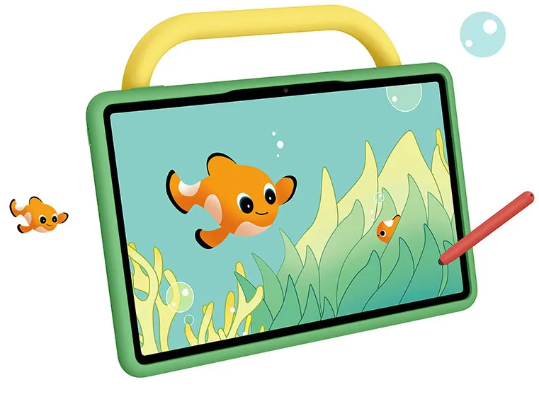 Huawei MatePad 11.5 PaperMatte Edition with keyboard and M-Pencil 3rd, green case and yellow handle showcasing underwater