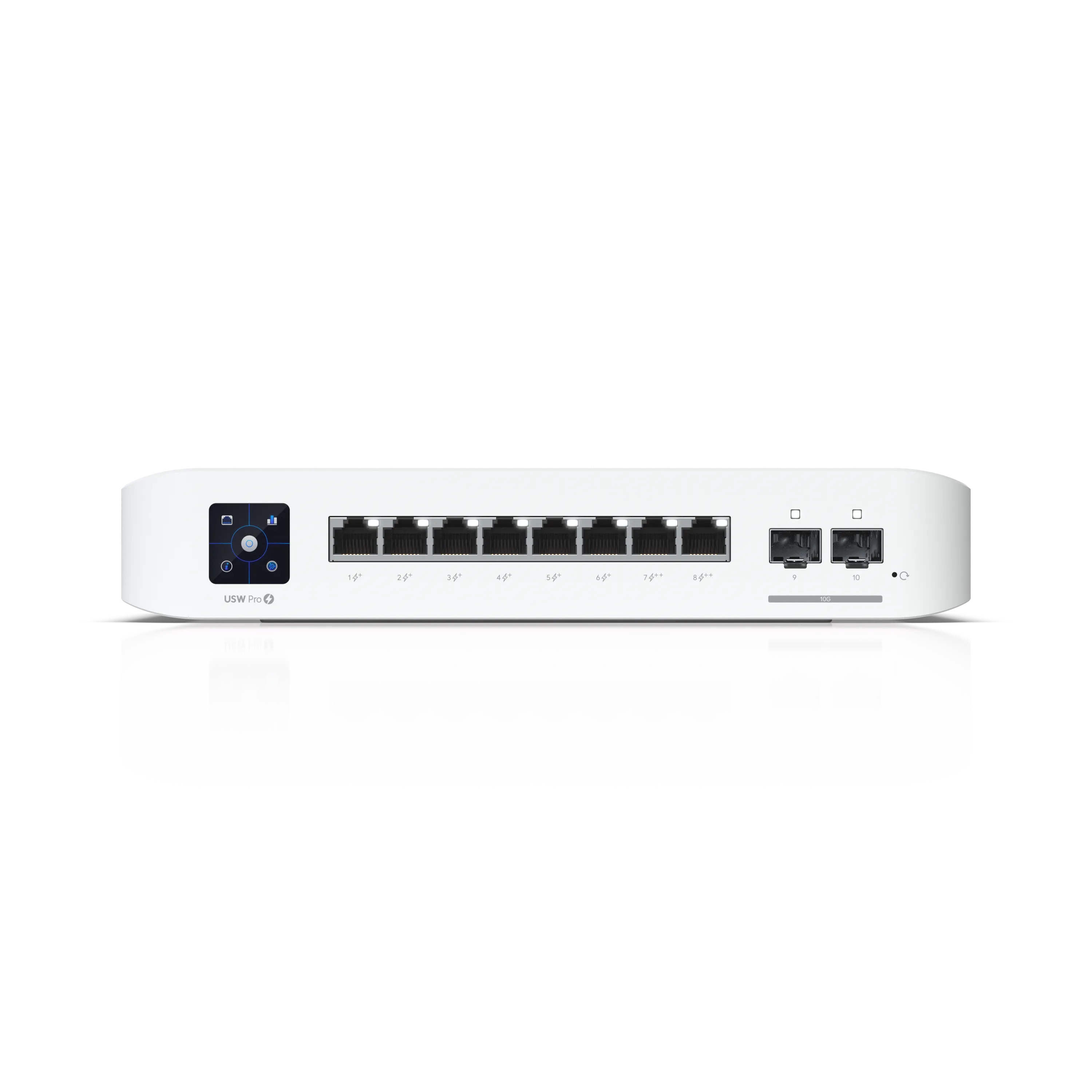 Ubiquiti UniFi Switch USW-Pro-8-POE 120W PoE++ SFP+ front view with touchscreen, eight PoE++ Ethernet ports, and dual SFP+ Ubiquiti UniFi Switch USW-Pro-8-POE 120W PoE++ SFP+ front view with touchscreen, eight PoE++ Ethernet ports, and dual SFP+