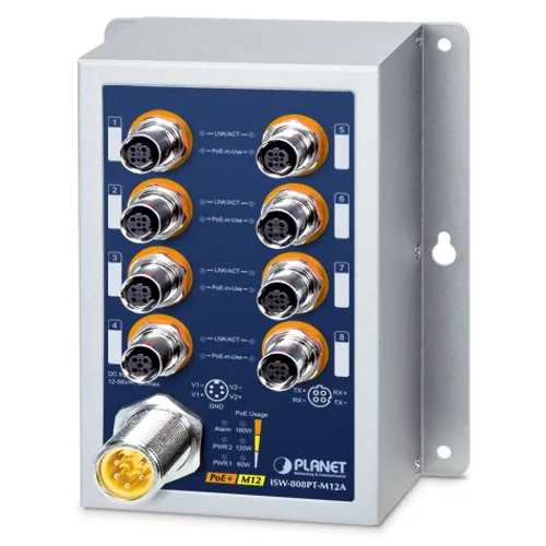 Switch industriale PLANET ISW-808PT-M12A 8 porte 10/100TX con connettori M12, LED di stato e staffa di montaggio su chassis Switch industriale PLANET ISW-808PT-M12A 8 porte 10/100TX con connettori M12, LED di stato e staffa di montaggio su chassis