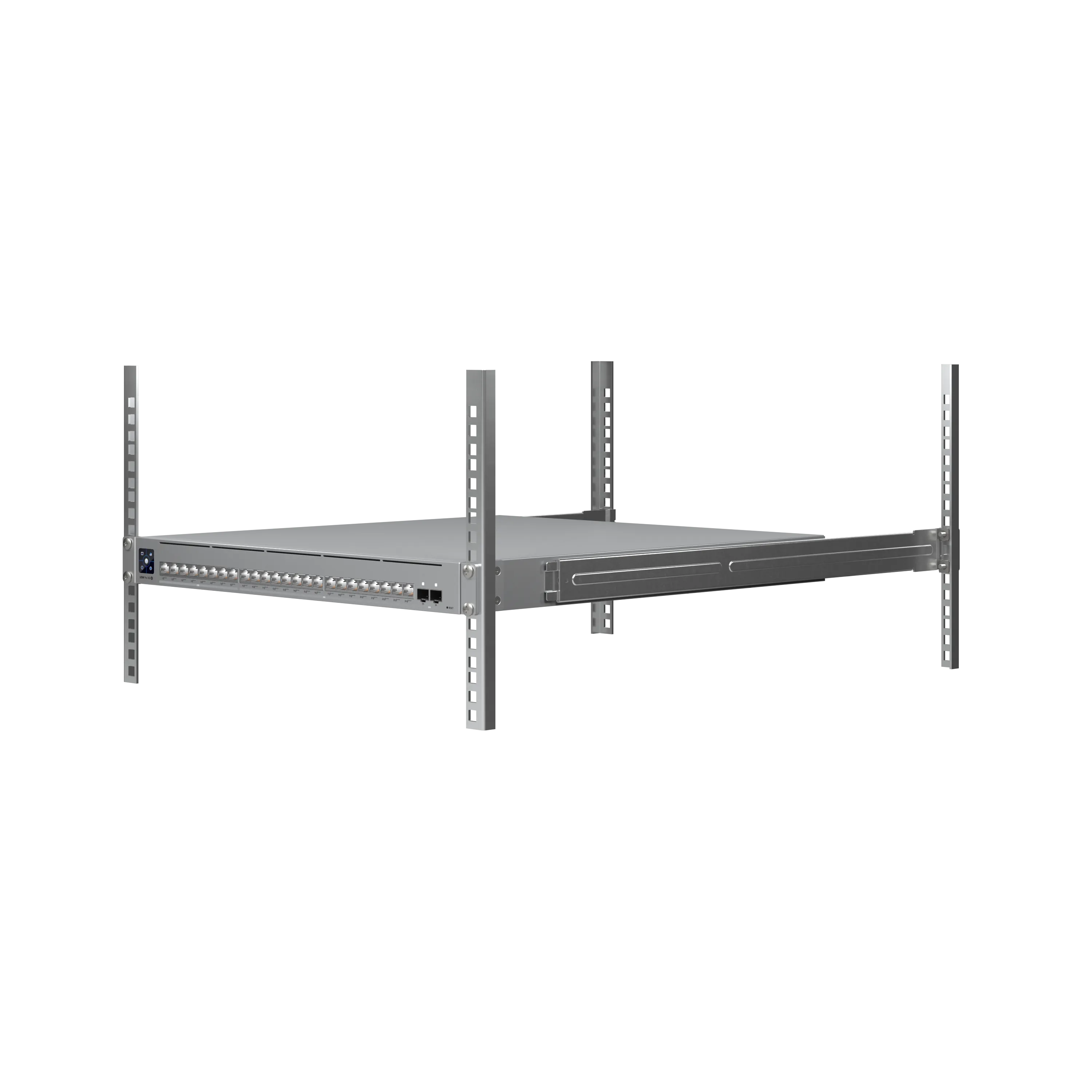 Ubiquiti UniFi Switch USW-Pro-XG-24 mit 24 Ports und Status-LEDs in silbernem Rackmontage-Gehäuse im Serverrack installiert. Ubiquiti UniFi Switch USW-Pro-XG-24 mit 24 Ports und Status-LEDs in silbernem Rackmontage-Gehäuse im Serverrack installiert.