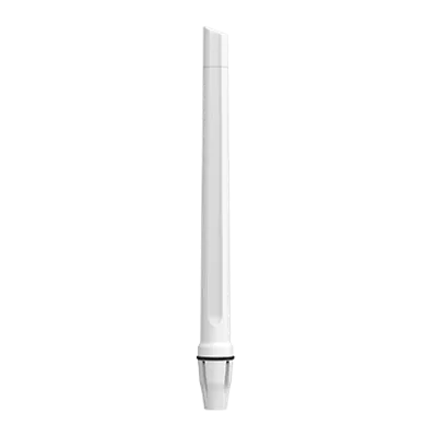 Antenne Poynting A-OMNI-0280-02-V1 blanche 5G/LTE omnidirectionnelle 4dBi en profil latéral sur fond uni avec connecteur