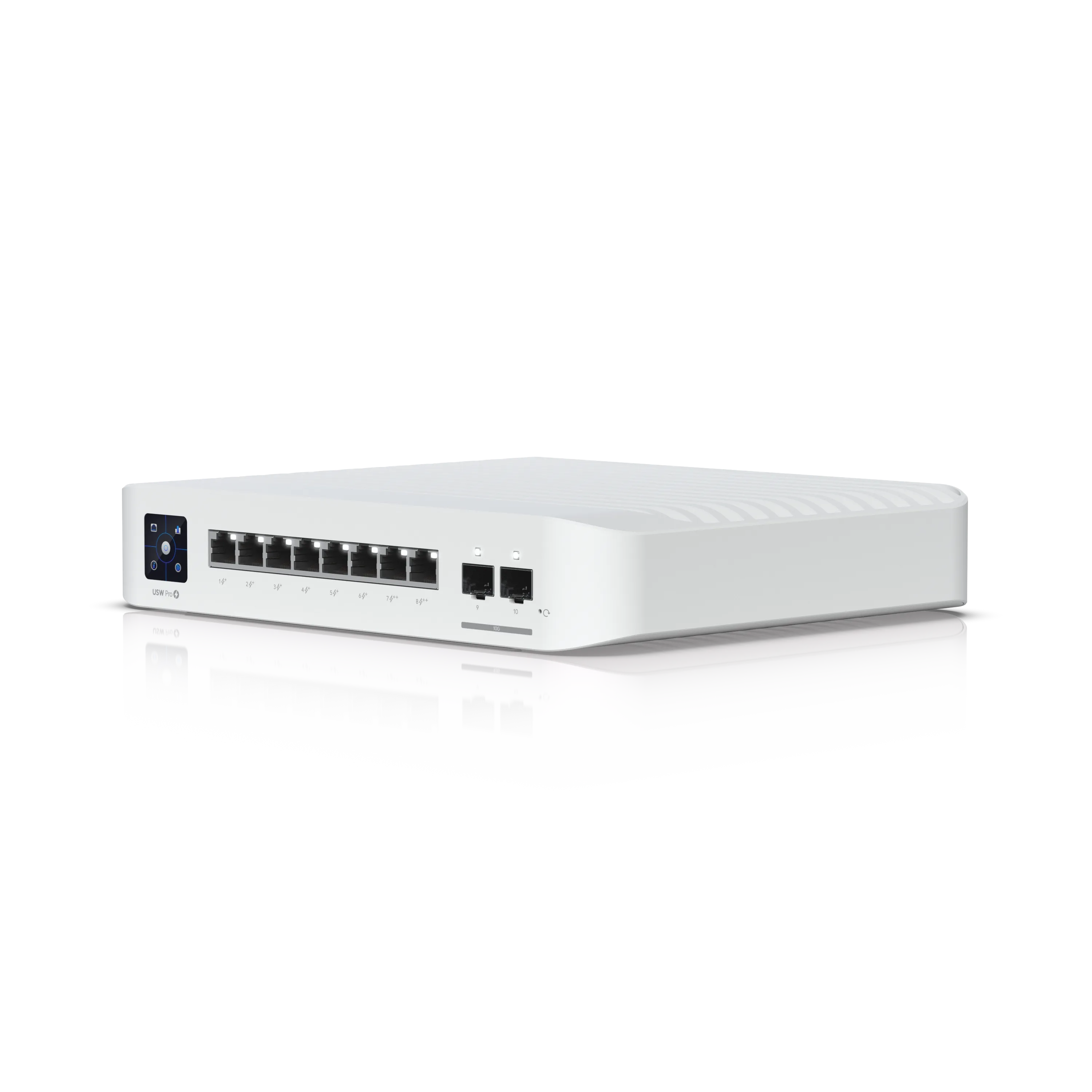 Ubiquiti UniFi Switch USW-Pro-8-POE 120W PoE++ SFP+ with touchscreen, eight PoE++ Ethernet ports, and dual SFP+ ports on a Ubiquiti UniFi Switch USW-Pro-8-POE 120W PoE++ SFP+ with touchscreen, eight PoE++ Ethernet ports, and dual SFP+ ports on a
