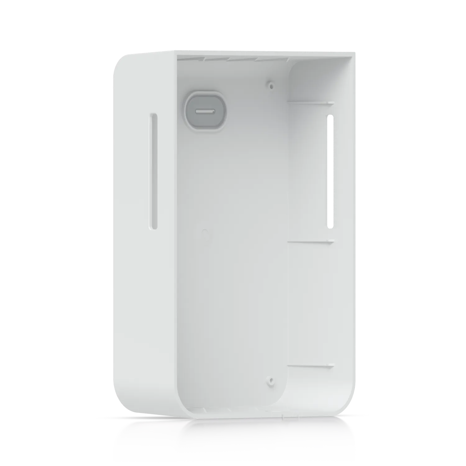 Ubiquiti U7-Pro-Wall überstreichbare Abdeckung in Weiß, dreiviertel Ansicht mit Montageschlitz und ovaler Aussparung auf