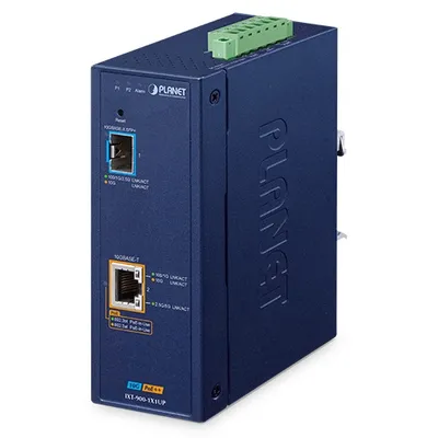 Convertitore industriale PLANET IXT-900-1X1UP 10G rame a SFP+ in vista frontale e laterale con porta RJ45 10GBASE-T, slot Convertitore industriale PLANET IXT-900-1X1UP 10G rame a SFP+ in vista frontale e laterale con porta RJ45 10GBASE-T, slot