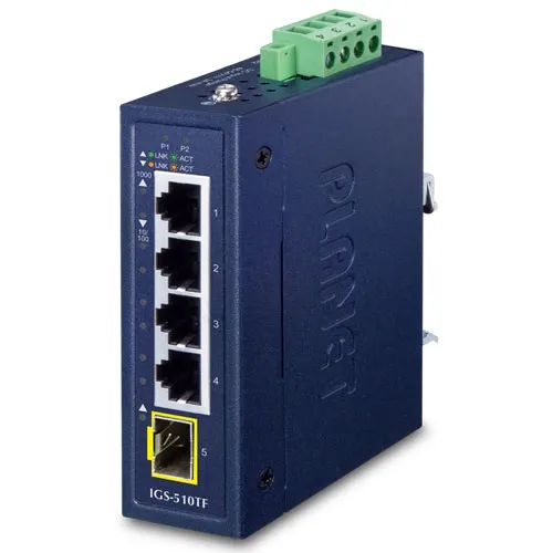 PLANET Industrial 4-Port GE Switch mit 100/1000X SFP-Port, blauer Industrie-Switch mit vier RJ45- und einem SFP-Anschluss, PLANET Industrial 4-Port GE Switch mit 100/1000X SFP-Port, blauer Industrie-Switch mit vier RJ45- und einem SFP-Anschluss,