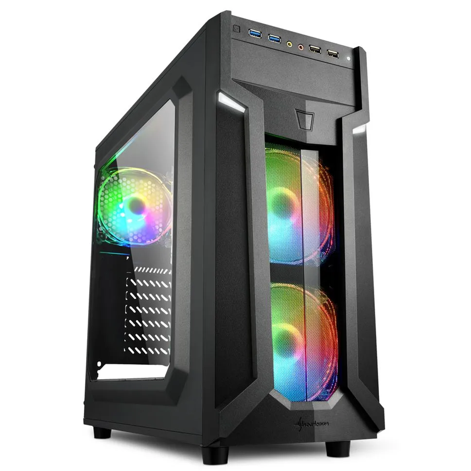 Case Sharkoon VG6-W RGB ATX nero con due ventole RGB frontali dietro griglia, pannello laterale in acrilico trasparente,