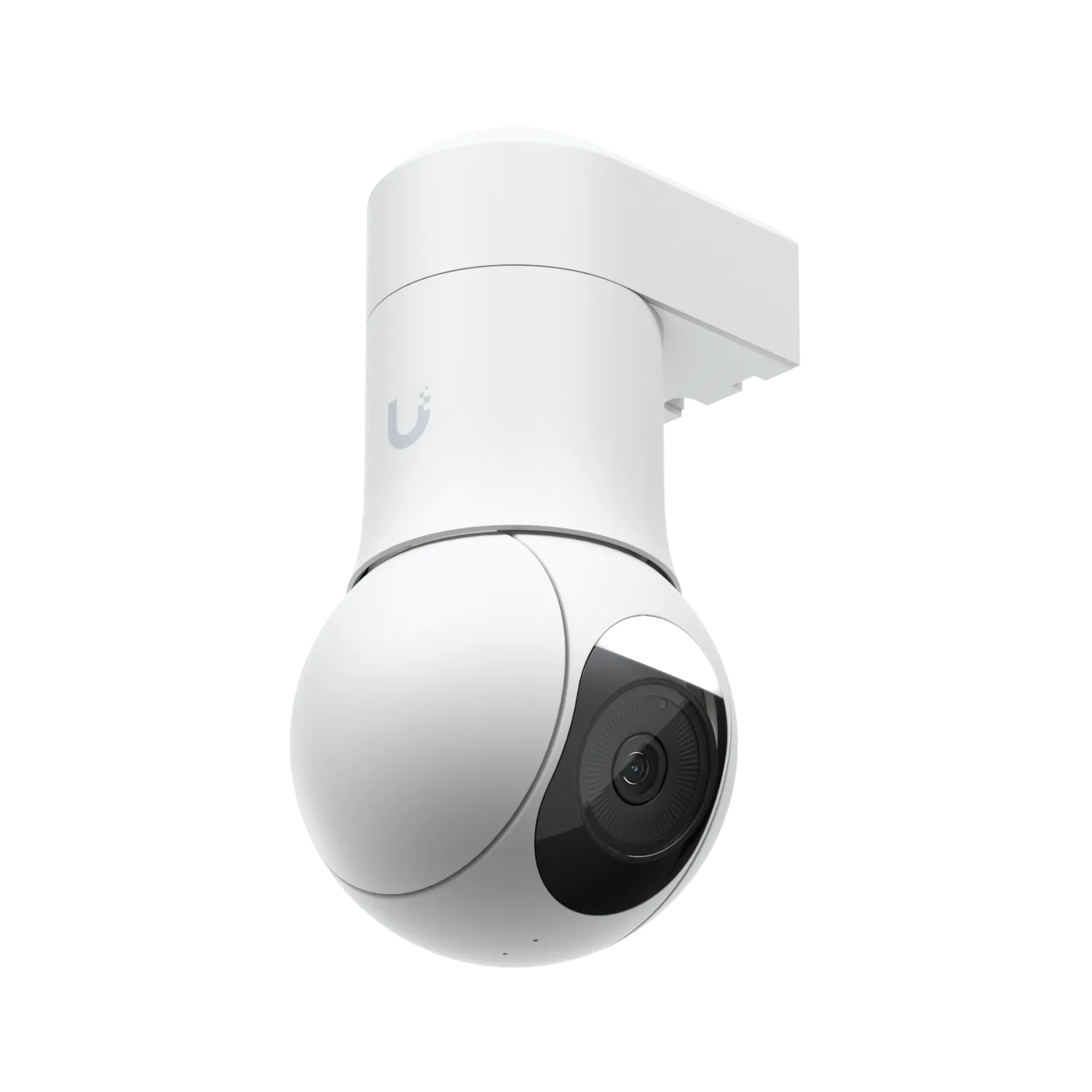 Ubiquiti UVC-G5-PTZ white PTZ security camera with spherical lens housing and mounting arm shown against black background Ubiquiti UVC-G5-PTZ white PTZ security camera with spherical lens housing and mounting arm shown against black background