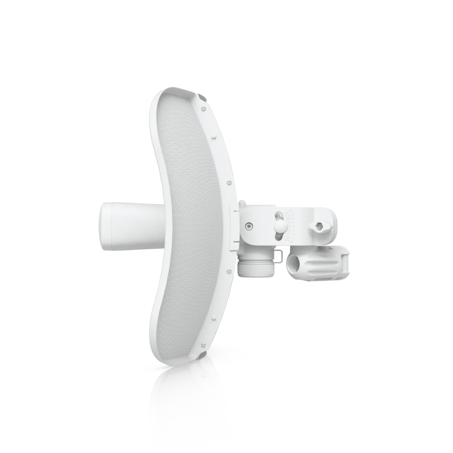Ubiquiti LiteBeam Gen2 Radio mit 23dBi-Antenne, seitlich gezeigtes weißes Parabolgerät mit Montagehalterung und Ubiquiti LiteBeam Gen2 Radio mit 23dBi-Antenne, seitlich gezeigtes weißes Parabolgerät mit Montagehalterung und