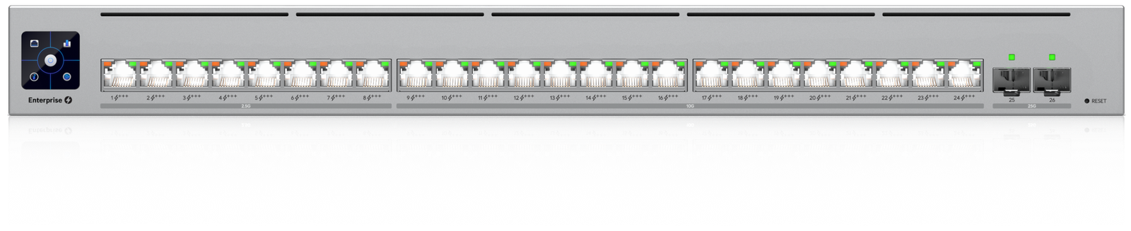 Ubiquiti Switch full managed Layer3 26 Port • 16x 10GbE • 8x 2,5GbE • PoE Budget 1050W • 24x PoE bt • 2x SFP28 • 19" • UniFi • ECS-24-PoE