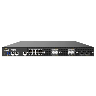 Peplink Balance 5000 EC маршрутизатор в стойке с логотипом, светодиодами, консольным и Ethernet-портами, четырьмя SFP+