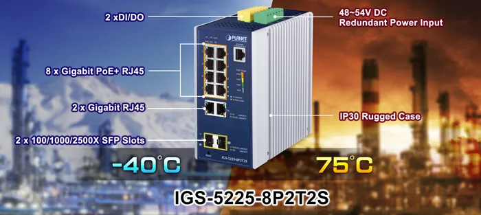 Промышленный коммутатор PLANET IGS-5225-8P2T2S с 8 PoE+ и 2 SFP портами на фоне нефтеперерабатывающего завода для Промышленный коммутатор PLANET IGS-5225-8P2T2S с 8 PoE+ и 2 SFP портами на фоне нефтеперерабатывающего завода для