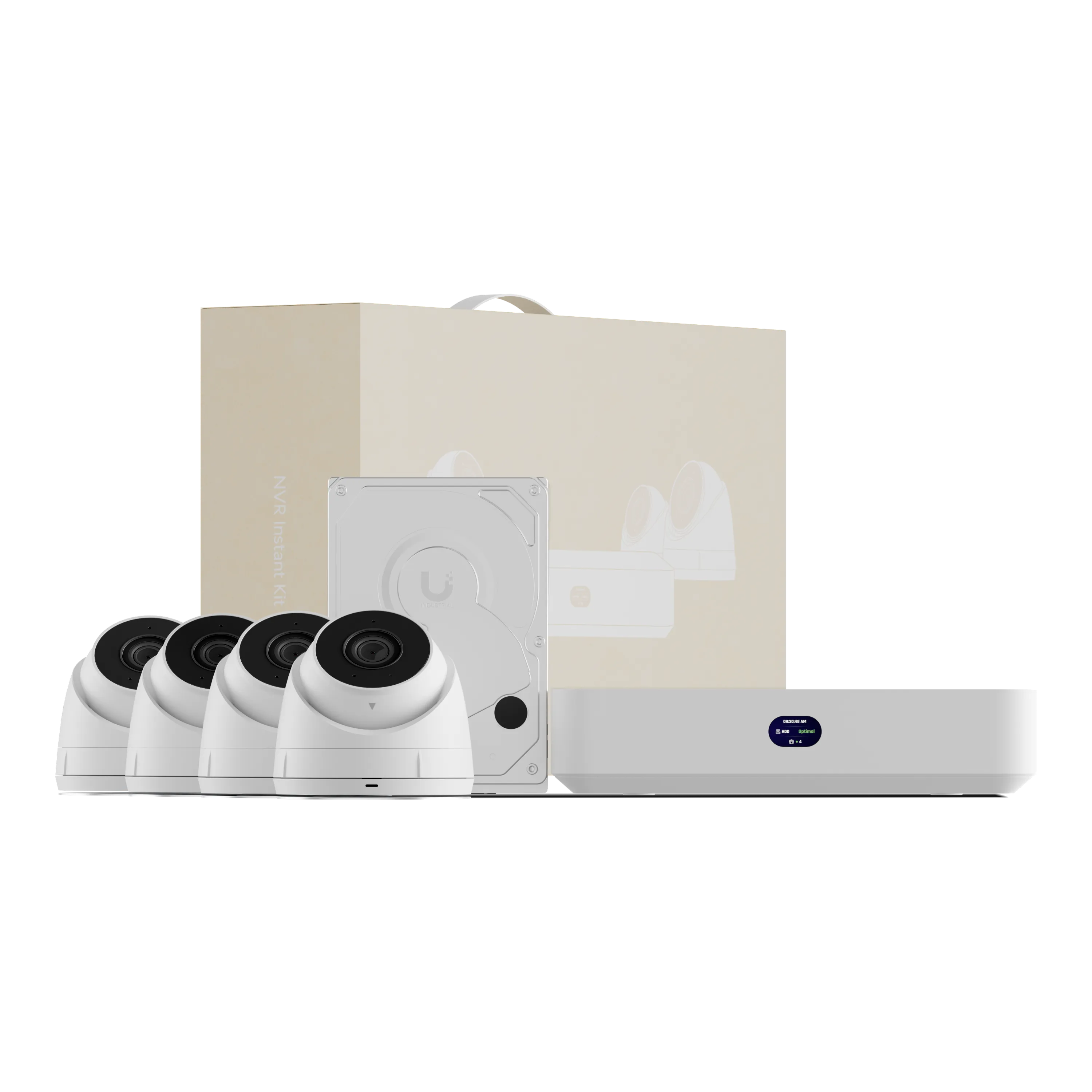 Ubiquiti UniFi UNVR-Instant Kit with white network video recorder, four dome security cameras, and packaging box on black