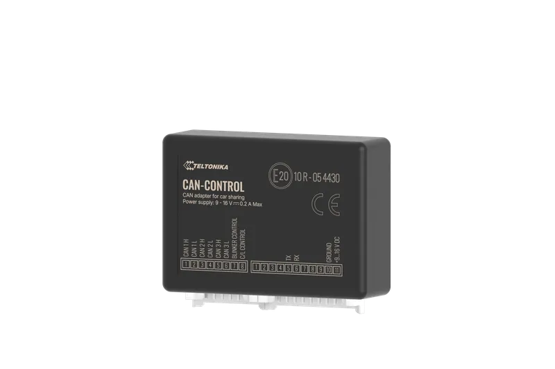 CAN-CONTROL для каршеринга, серый блок с логотипом Teltonika, таблицей распиновки и разъёмом на тёмном фоне.