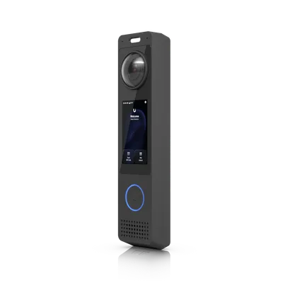 Ubiquiti UniFi G6 Pro Entry Video-Türklingel in Schwarz mit Kamera, Display und blauem Klingelknopf an schwarzem Hintergrund.