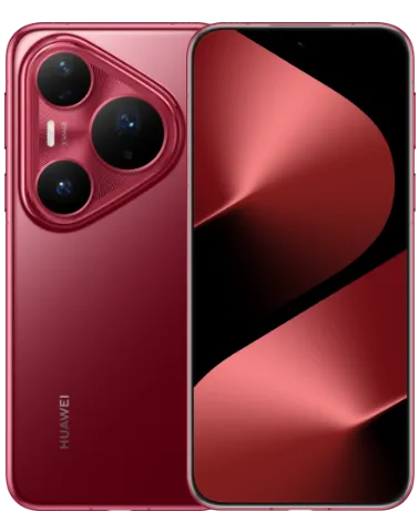 Huawei Pura 80 Pro Glazed Red smartphone displayed front and back with triangular camera module and abstract red wallpaper.